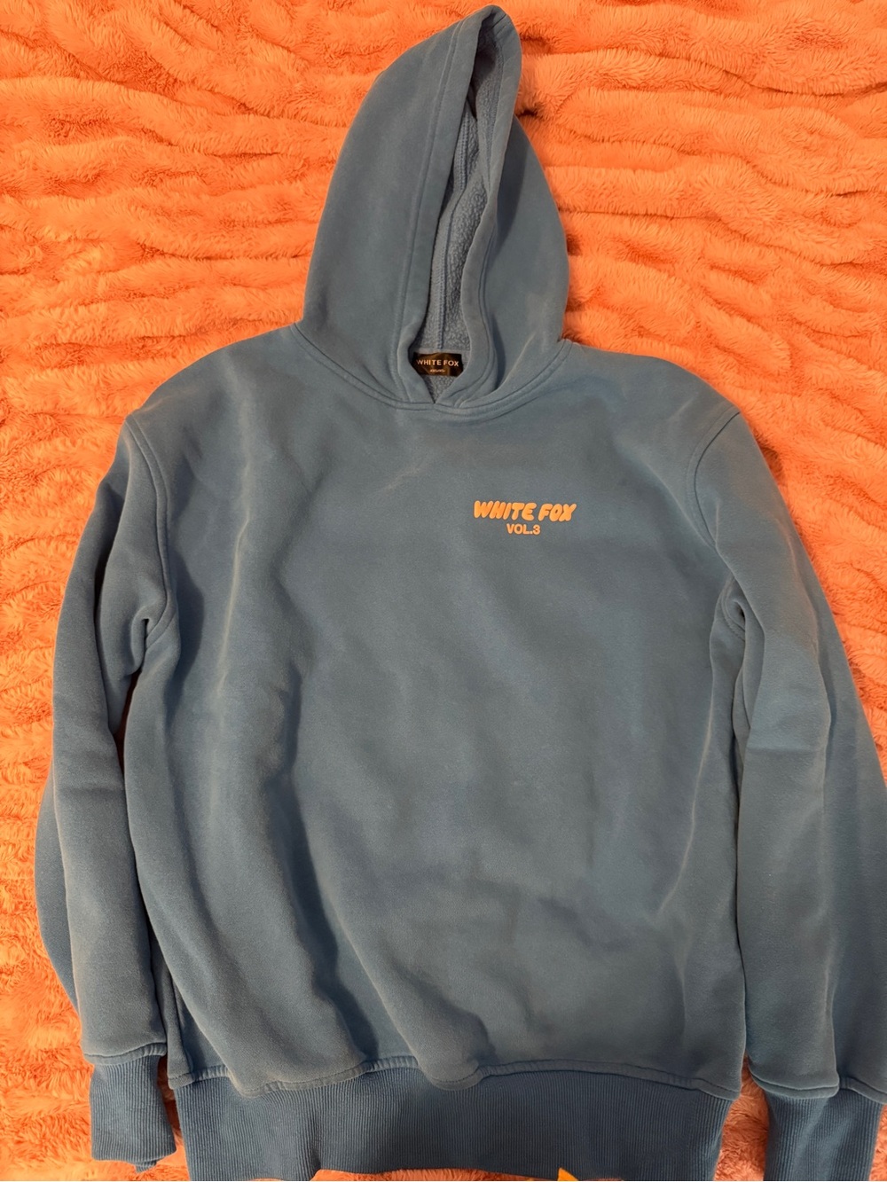White Fox Boutique Blue Hooded Pullover Sweatshirt with Orange Logo